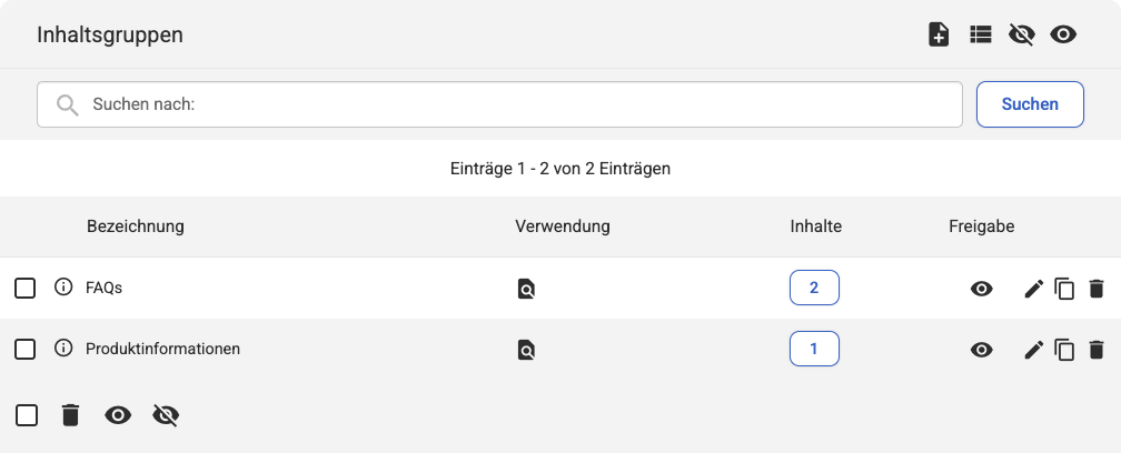 Listenübersicht in bei Inhaltsgruppen