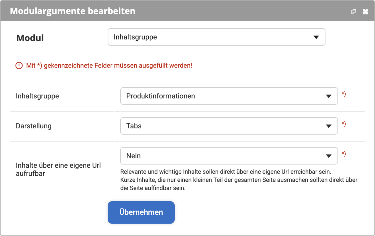Einstellungen bei der Darstellung Tabs