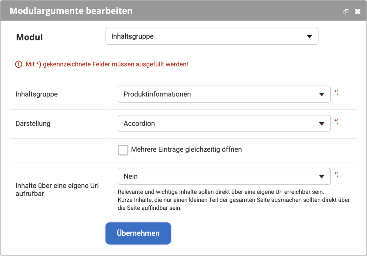 Einstellungen bei der Darstellung Accordion