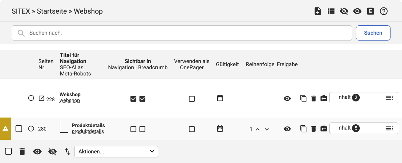 Produktdetails in der Listenüberischt unter Webshop angelegt