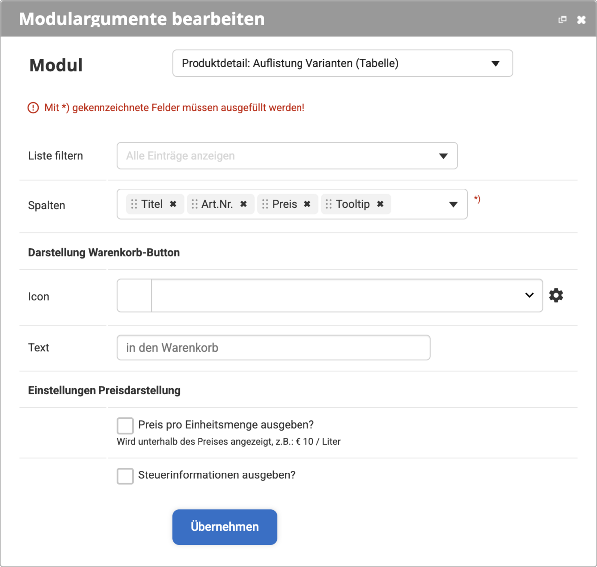 Im Modul 'Produktdetail: Auflistung Varianten (Tabelle)' wird der Tooltip unter 'Spalten in der Liste anzeigen' ausgewählt