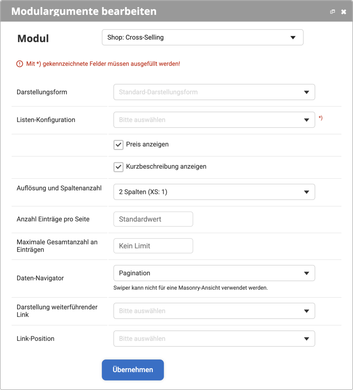 Im Backend Modul Shop: Cross-Selling mit den verschiedenen Auswahlmöglichkeiten wie Listen-Konfiguration, Darstellungsform, Anzahl der Spalten sowie Anzahl der Einträge, Daten-Navigator und weitere