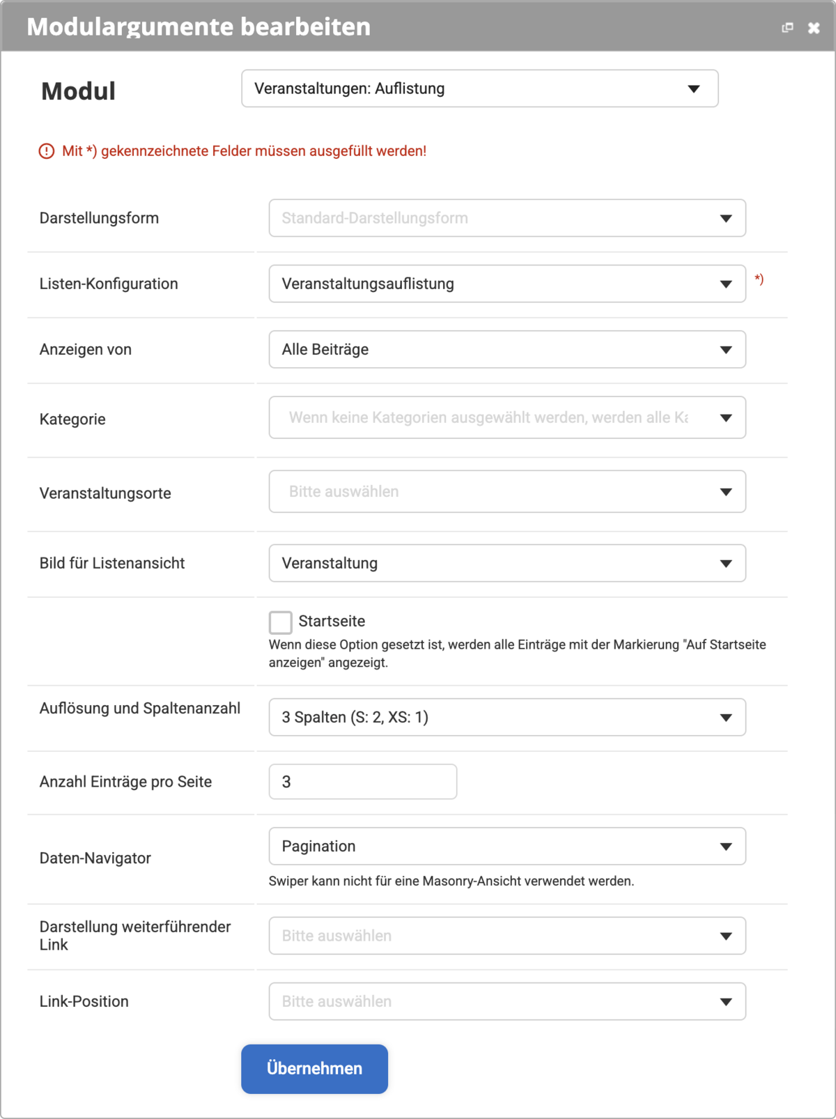 Backend Modul Veranstaltungen Auflistung mit allen Einstellungsmöglichkeiten für die Listenübersicht, Checkbox Startseite ist aktiviert