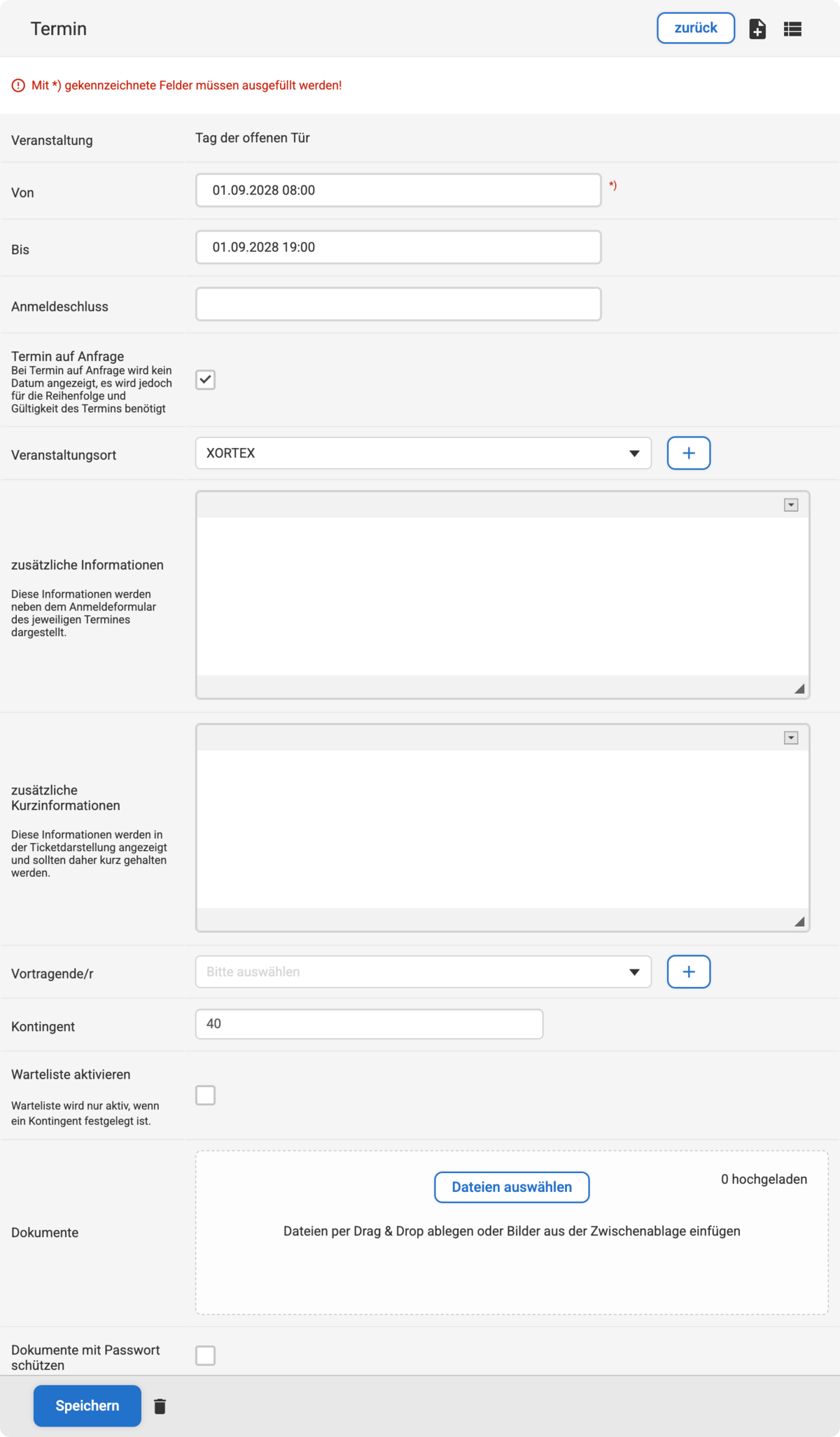 Backend Eingabemaske zum Erstellen von einem neuen Veranstaltungstermin