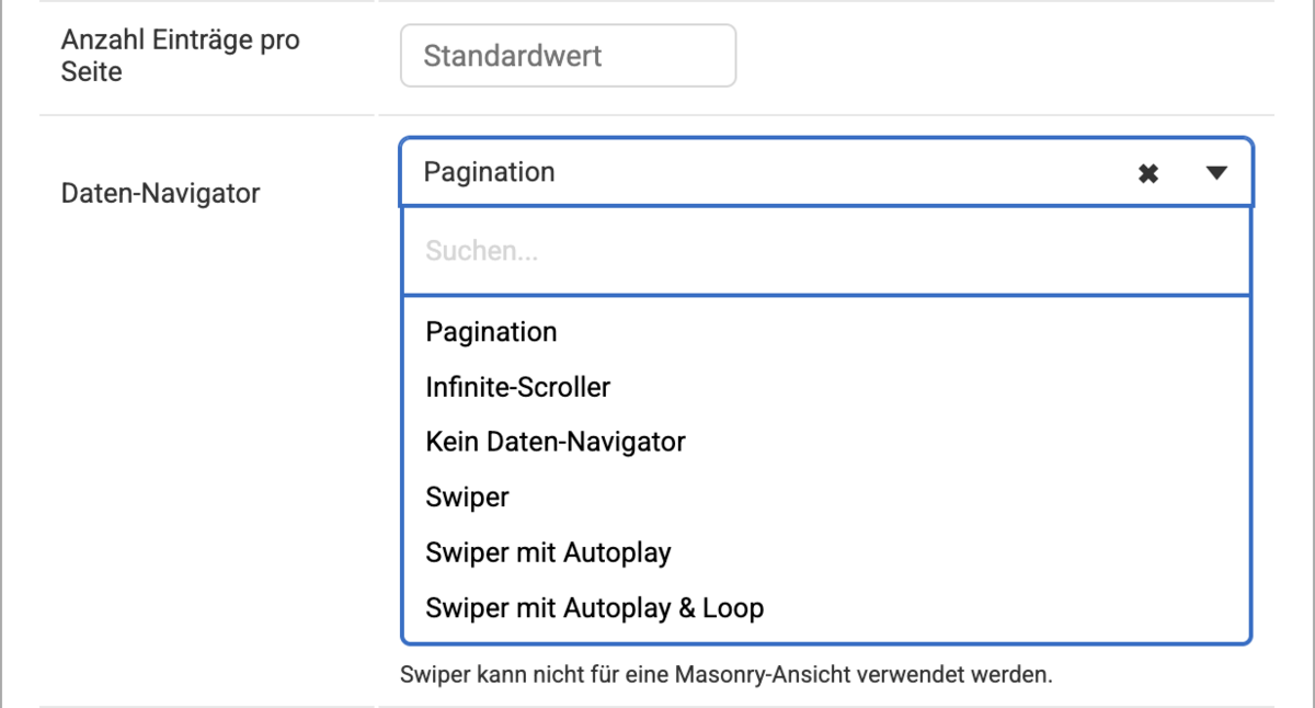 Einstellungen bei den Auflistungen