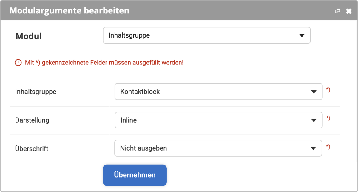 Modul Inhaltsgruppe mit Einstellungen