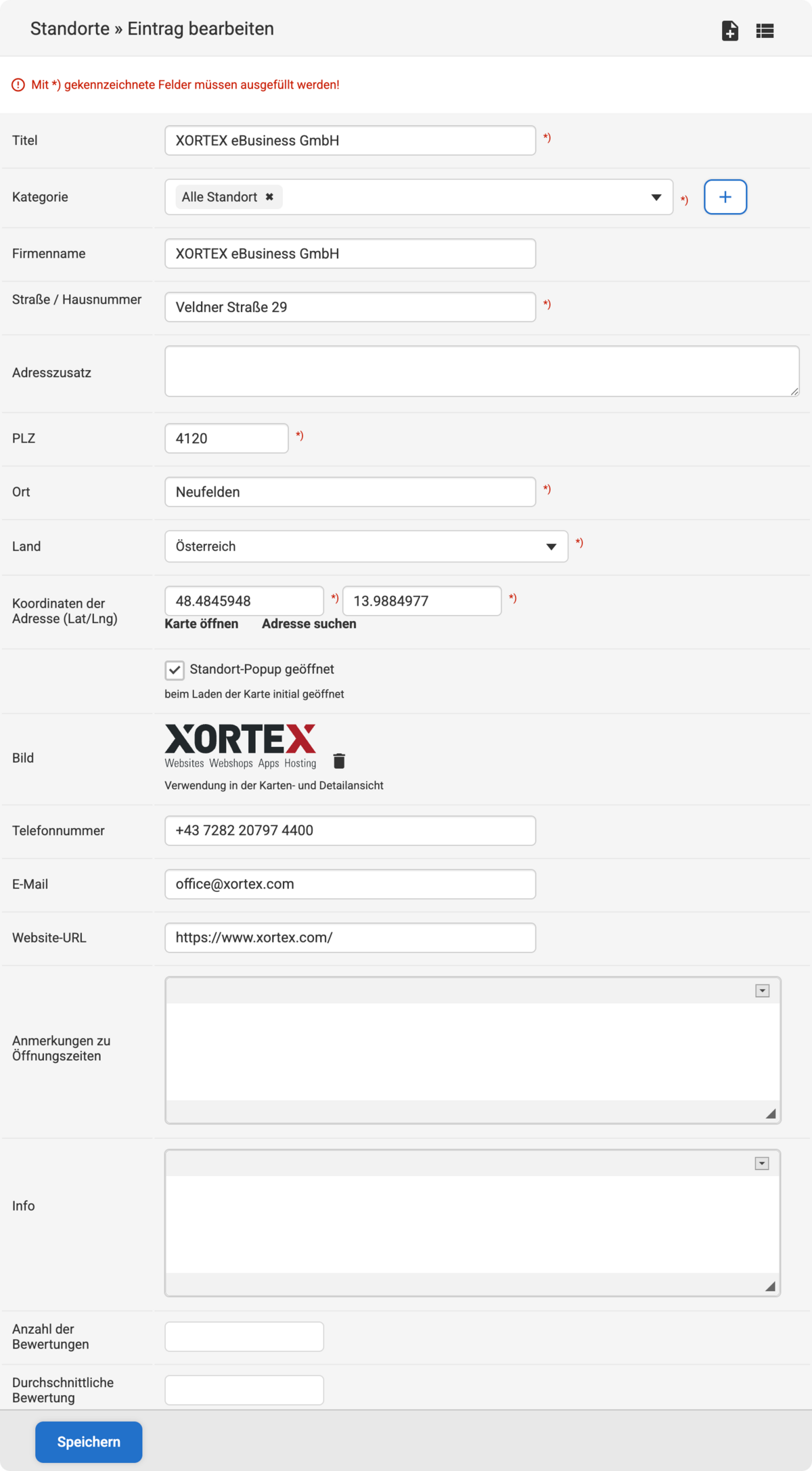 Neuen Standort im Backend erstellen