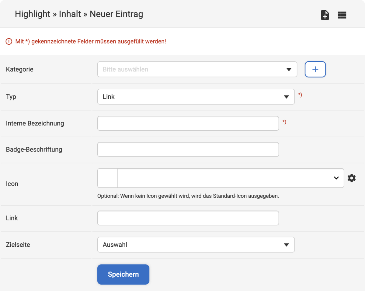 einen Highlight Inhalt vom Typ Link erstellen