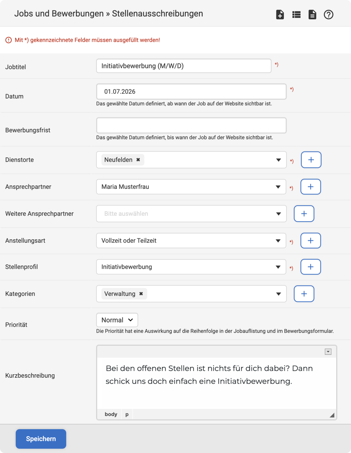 Backend Eingabemaske zum Erstellen einer Stellenausschreibung