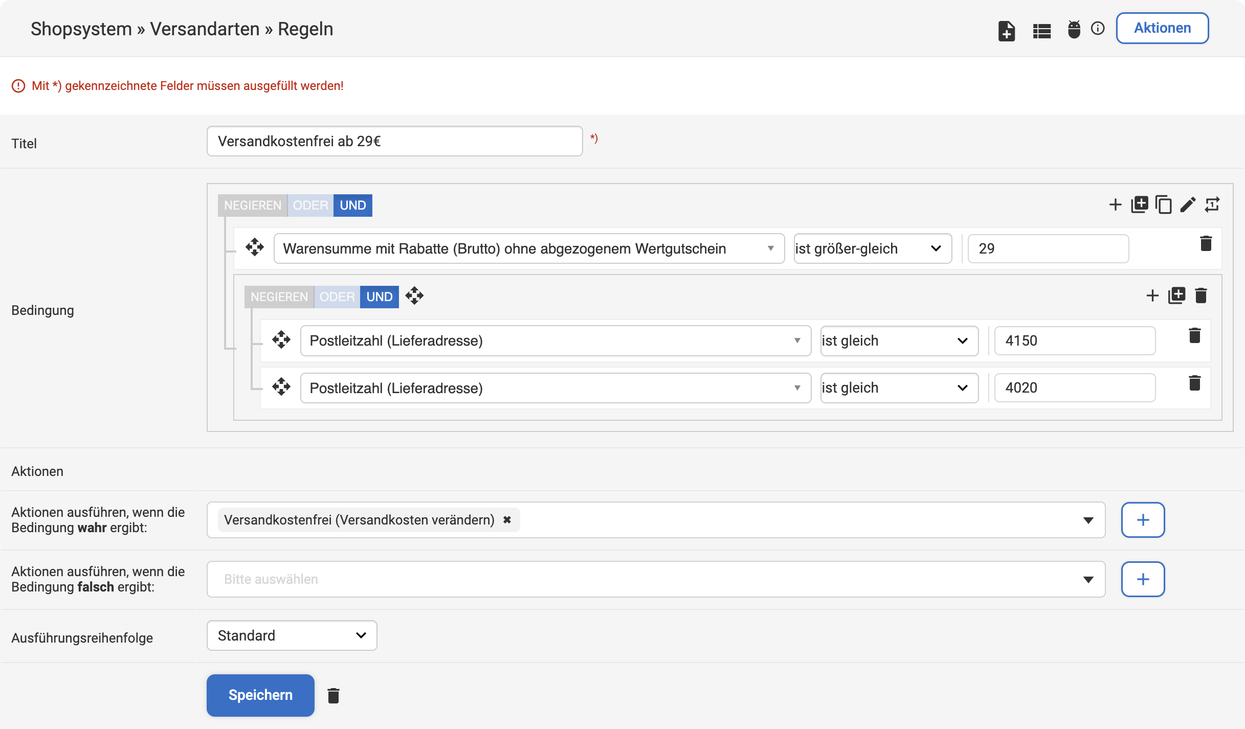 Eingabemaske zum Anlegen einer Regel mit Bezeichnung der verschiedenen Felder bei den Bedingungen: Filter, Operator, Wert