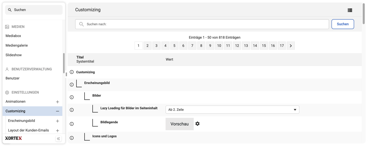 Im BE eine Übersicht über die Einstellungen im Customizing-Bereich