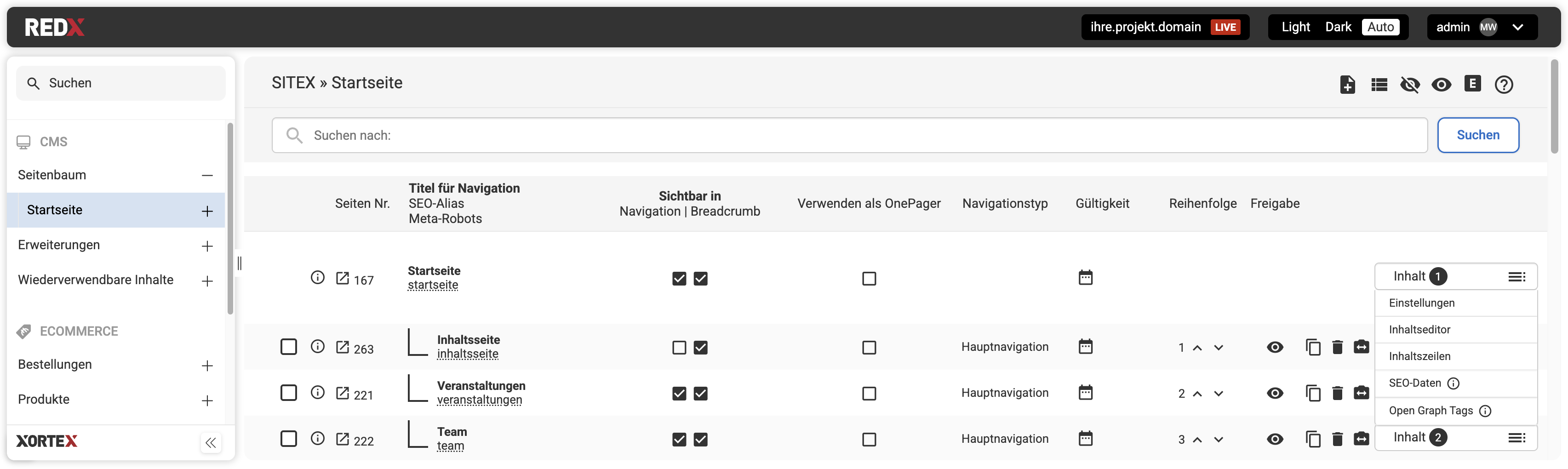 verschiedene Bereiche im CMS-Backend