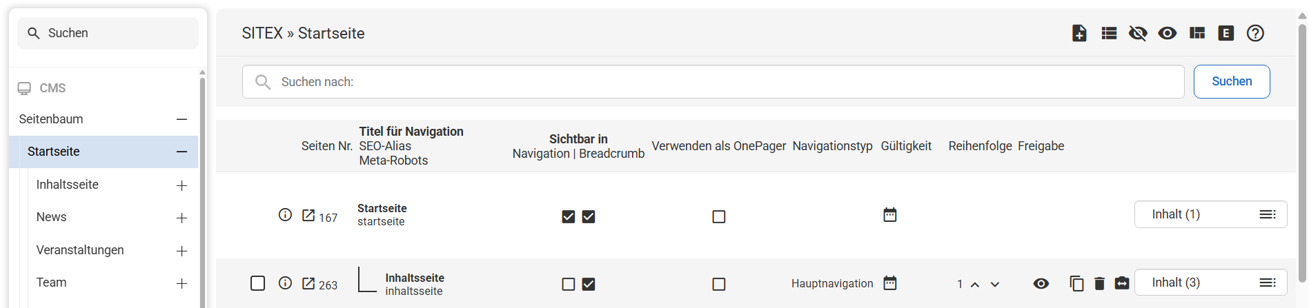 Darstellung wo die Startseite im Backend zu finden ist