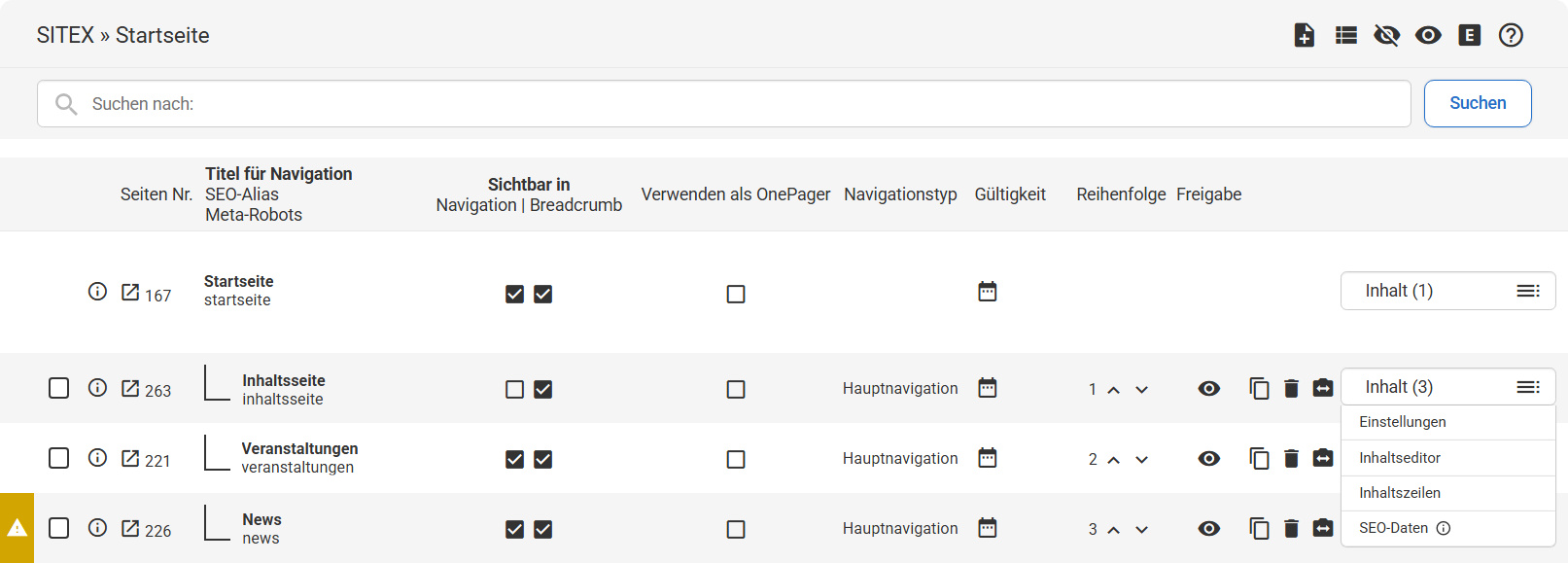 Überblick über den Arbeitsbereich im Backend