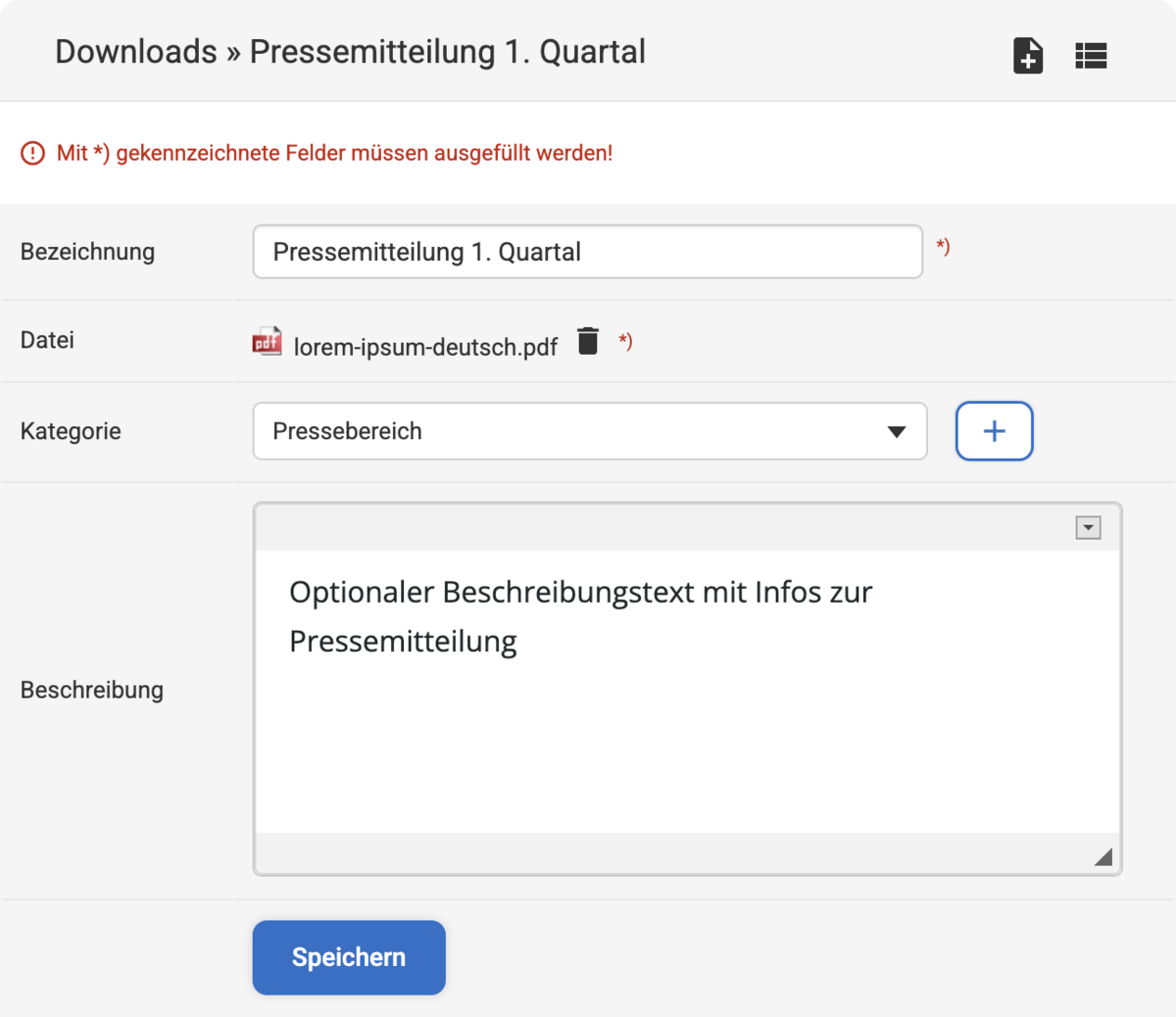 Backend Eingabeformular zum Erstellen eines neuen Downloads