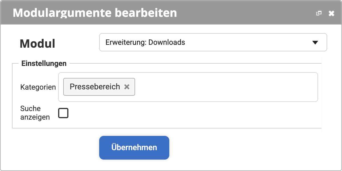 Backend Modul 'Erweiterung Downloads'