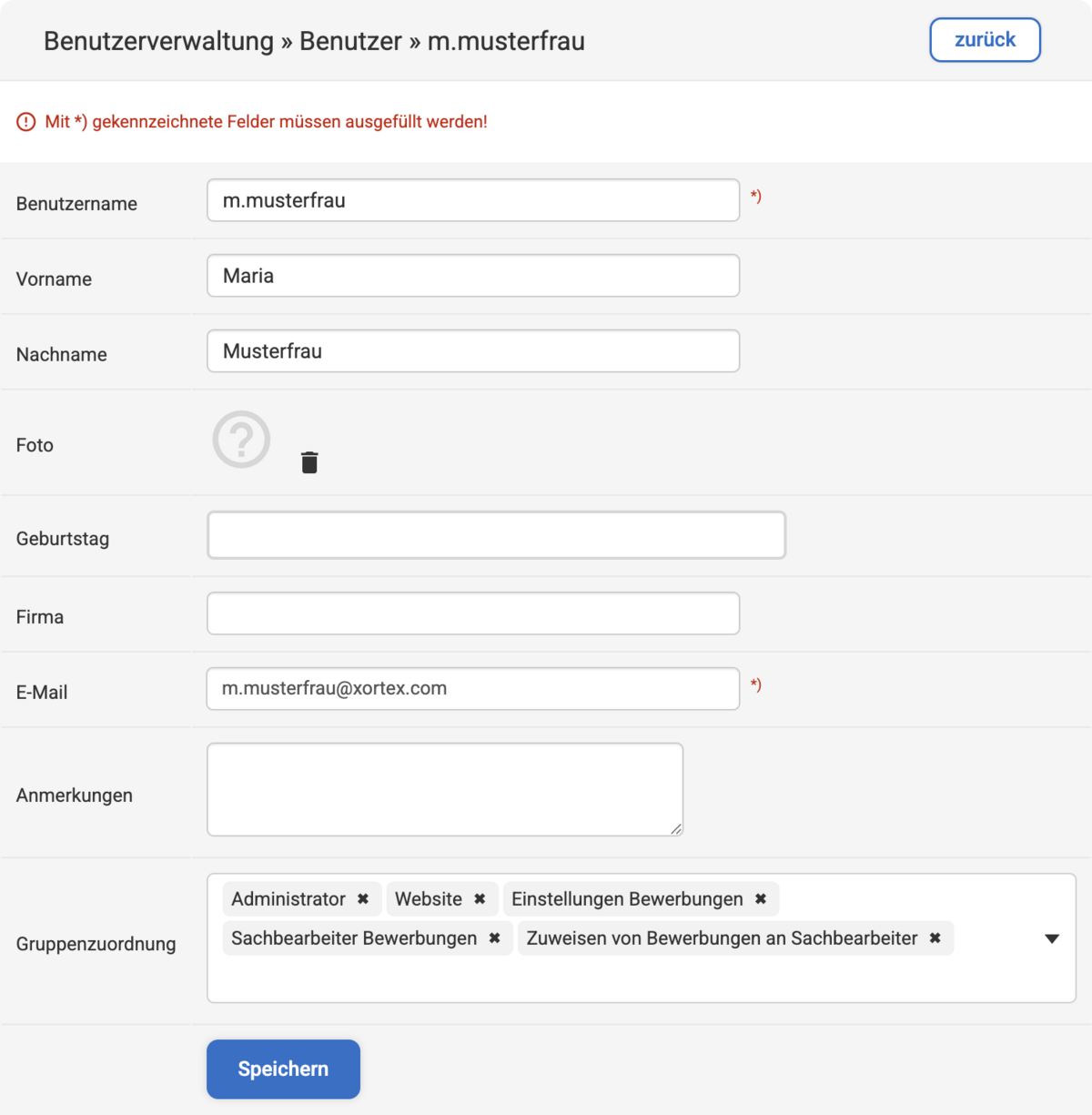 Eingabemaske im Backend unter Benutzerverwaltung zum Erstellen eines neuen Benutzers